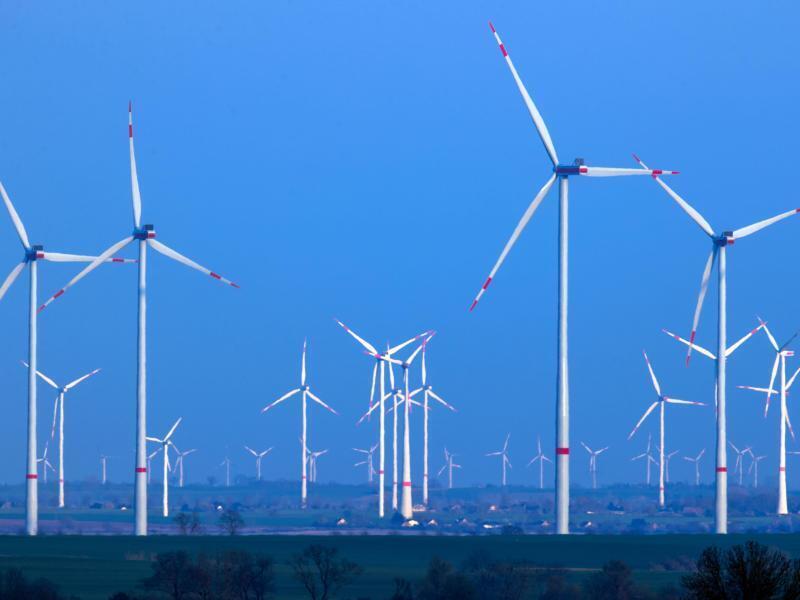 Windräder drehen sich nach Sonnenuntergang in einem Windpark. Foto: Jens Büttner/dpa-Zentralbild/dpa