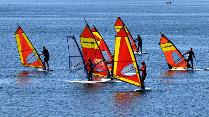 Windsurfer sind auf dem Cospudener See in Sachen unterwegs. 