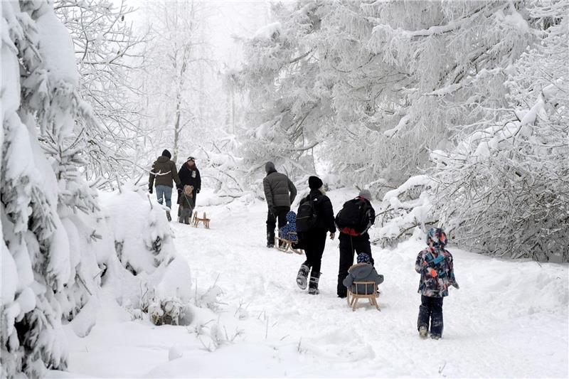 Harz, Heide und Küste melden viele Buchungen Wintersportler gehen mit ihren Schlitten auf dem Sonnenberg im Harz spazieren.