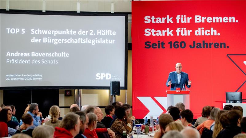 „Wir müssen mehr und schneller und kostengünstiger bauen“, sagt Bremens Regierungschef Andreas Bovenschulte (SPD) auf dem Bremer Parteitag.