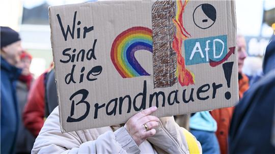 "Wir sind die Brandmauer" steht auf dem Schild einer Demonstrantin. Immer wieder wird über die Unvereinbarkeit mit der Rechtsaußen-Partei AfD diskutiert. Jetzt hat der CDU-Kreisverband Goslar bekräftigt, an der Brandmauer festzuhalten.