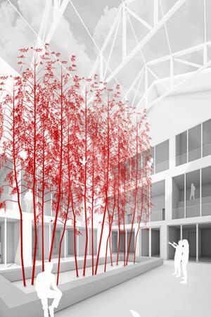 Innenraum mit hohen roten Bäumen in einem rechteckigen Pflanzbeet und weißen menschlichen Silhouetten in einem modernen Gebäude mit sichtbaren Stahlträgern im Dachbereich