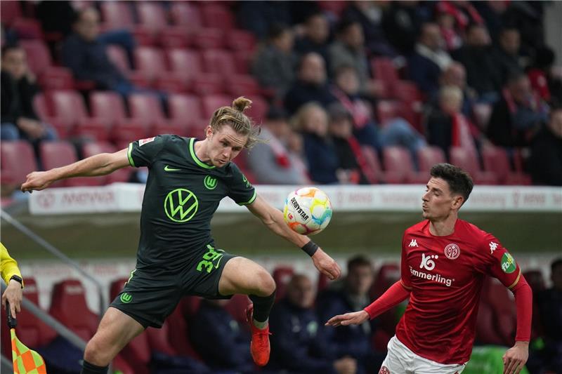 Wolfsburger siegen in Mainz: Kovac lobt Entwicklung Wolfsburgs Patrick Wimmer(l) und der Mainzer Anthony Caci kämpfen um den Ball.