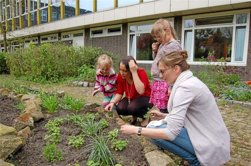 Zitronenmelisse, Pfefferminze, Salbei: Lehrerin Katharina Kwoczek und Schülerin Nurcan Akpinar (v.re.) zeigen wie die Pflanzen riechen Fotos: Mühling
