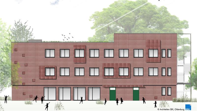 Fassade eines dreistöckigen Gebäudes mit mehreren Fenstern, zwei grünen Türen und Silhouetten von Menschen davor.