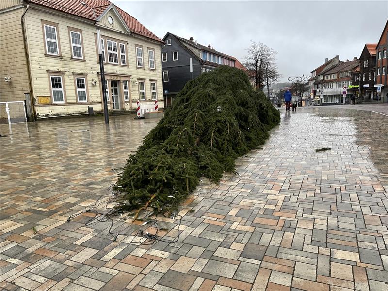 Wind reißt XXL-Baum in Clausthal um: Augenzeuge berichtet Zum Glück fällt der Baum längs auf den Kronenplatz und trifft kein Haus. Foto: Dimsat