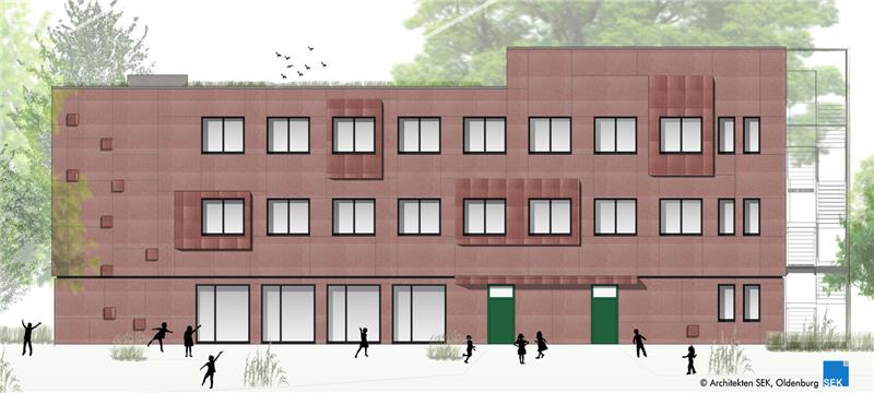 Oker drückt aufs Tempo: Millionenschwere Module rücken an Projektskizze von einem mehrstöckigen Gebäude mit rechteckigen Fenstern und zwei grünen Türen vor Bäumen und Menschen im Vordergrund