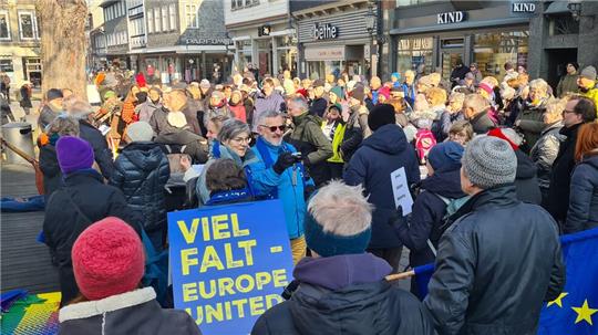 Zusammen mit Passanten sind rund 200 Menschen involviert, als der Pulse of Europa in der Fußgängerzone zum Singen der Ode an die Freude einlädt.