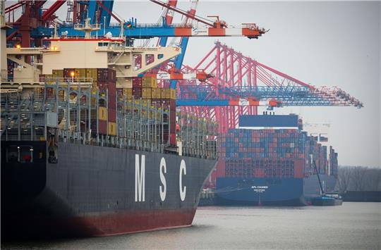 Zwei Containerschiffe liegen am Terminal Eurogate im Hamburger Hafen.