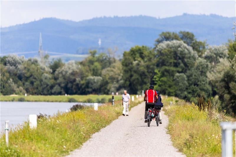 Auf herbstliches Wetter folgt der Spätsommer Zwei Radfahrer fahren neben dem Rhein auf einem Weg entlang.