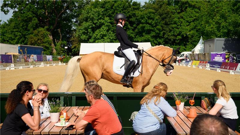 Zwischen Besuchern: Reiterin reitet zum Aufwärmen vorbei
