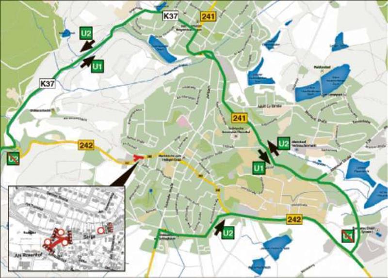 Kanalbauarbeiten: Bundesstraße 242 ab Montag für eine Woche gesperrt <p>Ab Montag ist die B242 für eine Woche dicht. Die Grafik zeigt die Umleitungsstrecke. Grafik: SCS</p>