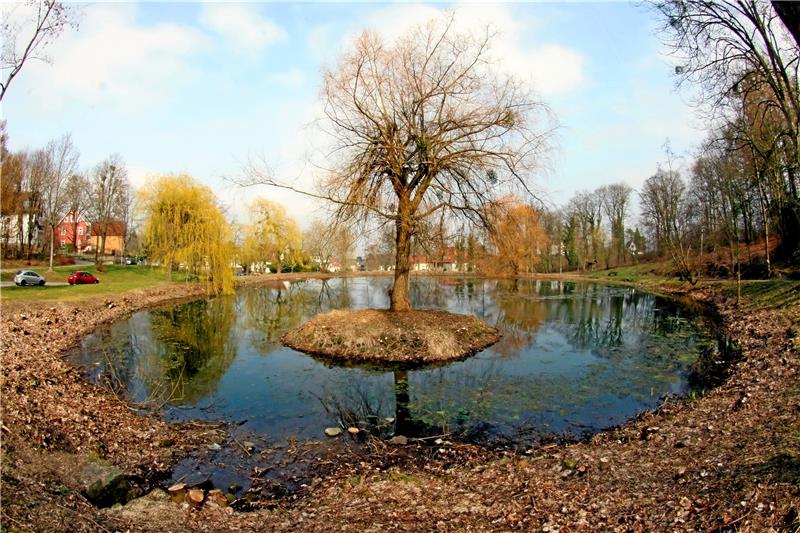 <p>Der Frankenberger Teich verliert aus unbekannten Gründen Wasser. Der Pegelstand ist entsprechend niedriger, als er eigentlich sein müsste. Dazu treten auf der benachbarten Wiese (links) mehrere über einen Meter tiefe Löcher auf, deren Ursprung der Stadtverwaltung ebenfalls nicht bekannt ist. Fotos: Epping</p>
