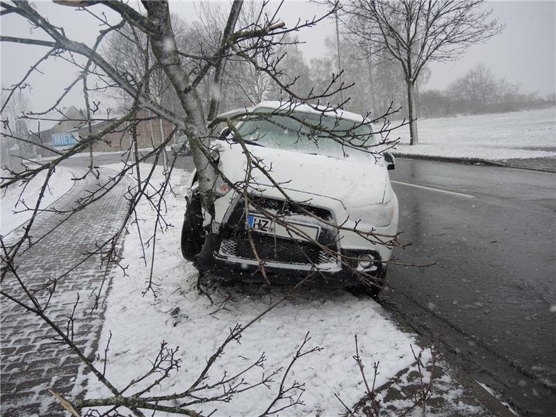 <p>Sraßenglätte wurde einer Autofahrerin im Landkreis Harz am Freitag zum Verhängnis. Ihre Fahrt endete an einem Baum, die Frau blieb zum Glück unverletzt. Foto: Polizei</p>